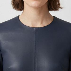 Camisetas de Mujer de Piel Sintética, Color Sólido, Cuello Redondo, Manga Corta, Ajustadas, Color Liso - Product Image 6