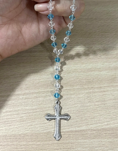 Handmade <b>Blue</b> Crystal Beaded Rosary <b>Necklace</b> with Silver Tone Cross Pendant Christian Prayer <b>Necklace</b> Religious Catholic Jewelry - Product Image 5