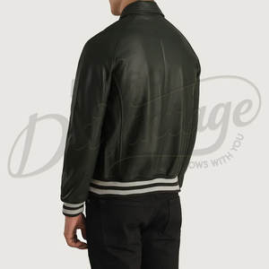 Chaqueta Bomber de Cuero Genuino Verde Oliva para Hombre con Cuello Clásico de Camisa y Puños Acanalados a Rayas, Prenda Deportiva Premium - Product Image 2