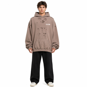 Sudaderas con capucha azules desgastadas al por mayor, de forro polar grueso, estilo oversize, streetwear, con bajo sin rematar, personalizables, marca privada, proveedor OEM - Product Image 4