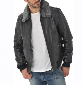 Trendy Men's Genuine Leather Jacket With Faux Fur Collar Zipper Closure Winter Moto Style Black Regular Fit Breathable - Product Image 4