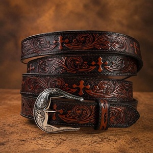 Ceinture en cuir western 38 mm pour homme et femme, motif floral embossé, boucle en laiton de haute qualité – Nouvelle collection tendance - Product Image 1