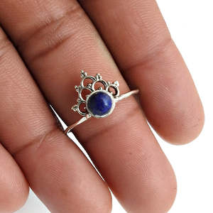 Round Cut Throat Chakra Lapis Lazuli Gemstone <b>Ring</b> Crown Shaped Women Band In Boho Style <b>Crafted</b> From Solid 925 Sterling Silver - Product Image 2