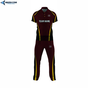 Men's Maroon Black Yellow Contrast Stripe Short Sleeve cricket uniform With Matching <b>Pants</b> Quick Dry Regular Fit All Season - Product Image 2
