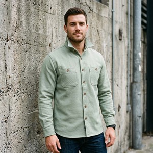 Chemise-veste décontractée pour homme en coton épais 100 %, vert sauge pâle, col épais, boutonnée, style streetwear - Product Image 5