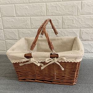 Panier de pique-nique en osier tressé à la main avec doublure en tissu de coton, panier de rangement et de cadeaux rectangulaire durable - Product Image 3