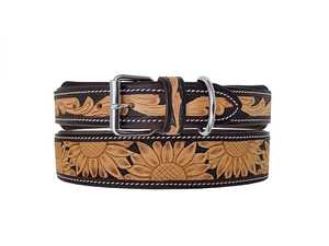 Handmade Western Leather <b>Dog</b> <b>Collar</b> Sunflower Pattern Buckle Closure Durable All Season Use Classic Style - Product Image 2