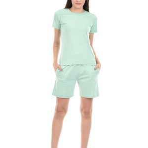 Women's Mint Green 2-Piece <b>Knitted</b> <b>Set</b> Short Sleeve T-Shirt With Pocket And Above Knee Shorts Casual Spring Summer Wear - Product Image 1