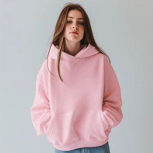 Sweat-shirt rose oversize à capuche, couleur unie, poche avant, coupe ample, unisexe, hiver, 100% coton, molleton bouclette français, anti-boulochage - Product Image 1