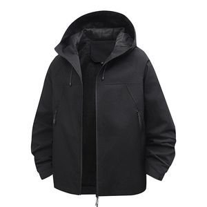 Men's Hooded Windbreaker <b>Jacket</b> <b>Fleece</b> <b>Lining</b> Zipper Closure Casual Outdoor Winter Coat Black - Product Image 5