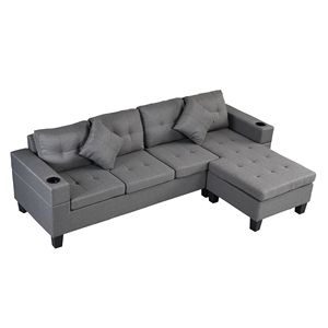 Canapé d'angle moderne 4 places en forme de L avec chaise longue, porte-gobelets gauche et droit, en similicuir pour salon - Product Image 3