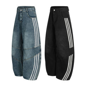 New Men's High Striped Garment Dyed <b>Elastic</b> <b>Waist</b> Baggy <b>Jeans</b> Breathable Vintage Wide Leg Distressed Streetwear Casual Pants - Product Image 6