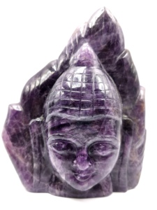Lord Buddha Head on leaf handmade carving in Amethyst gemstone - serene and meditating Lord Buddha face - Product Image 1