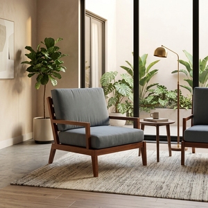 Fauteuil de salon en teck massif avec coussin gris, fauteuil d'appoint artisanal, mobilier moderne - Product Image 2