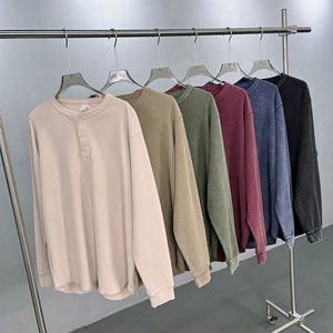 Oversized <b>Men's</b> Cotton Knitted <b>Henley</b> Pullover Long Sleeve Solid Color Casual <b>Top</b> Button Up Collar Autumn Wear - Product Image 1