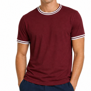 เสื้อยืดคอกลมผู้ชายขายดี สีแดงเบอร์กันดี ขาว ลายทางคู่ คอริบ แขนสั้น เสื้อสำหรับออกกำลังกาย - Product Image 1