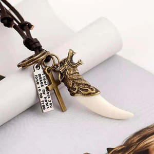 Vintage Alloy Wolf Fang Pendant Necklace 18K Gold Plated XL Adjustable Leather Cord for Men - Product Image 4