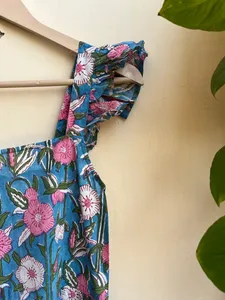Hand Block Printed Vintage Floral Embroidered Indian Cotton Gown for Women Square Collar Indian Tunic <b>Dress</b> - Product Image 4
