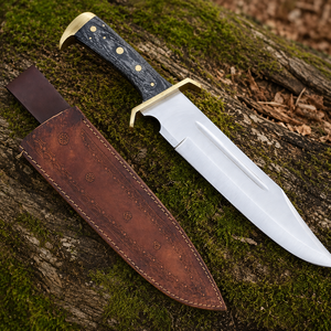 Couteau Bowie Rambo en acier Damas de qualité supérieure, fait main, avec garde en laiton, manche en bois et cor, étui en cuir, couteau Bowie d'extérieur - Product Image 1