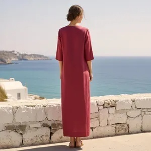 Organic Cotton Midi Dress 3/4 Sleeve Pleated with Pockets Retro Loose High Waist A-Line Breathable for Women - Product Image 3