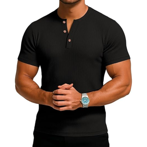 T-shirt de sport pour homme à col montant, coupe ajustée, manches courtes, délavé, uni, décontracté, séchage rapide, boutonné sur le devant, 180g, vierge - Product Image 2