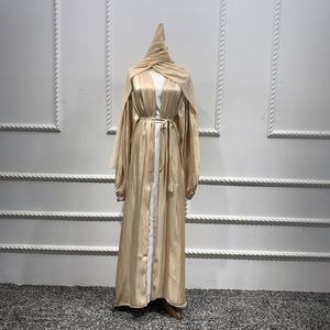Robe d'été élégante, arabe, islamique, hijab pour femmes Dubaï, tissu de soie imité, abaya ouverte brodée plissée pour la fête de l'Aïd - Product Image 6