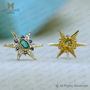 Natural <b>Emerald</b> Genuine Diamond 14k Yellow Gold Star <b>Stud</b> Earrings Blue Sapphire Fine Jewelry Wholesale - Product Image 5