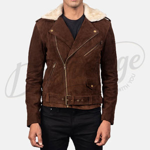 Chaqueta de Motociclista de Gamuza Marrón Chocolate Premium para Hombre, Chaqueta de Cuero Genuino con Cierre Asimétrico y Cinturón, con Cuello de Piel - Product Image 1