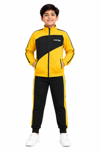 Ensemble de survêtement sportif jaune et noir pour garçons, veste zippée intégrale et pantalon de jogging assorti, en polyester premium avec logo sur le devant, vêtements de sport - Product Image 1