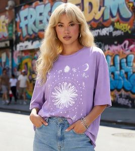 เสื้อยืดผ้าฝ้ายเจอร์ซีย์ทรงหลวมคอกลมแขนสั้นพิมพ์ลายดอกไม้โบฮีเมียนสีม่วงสำหรับผู้หญิงฤดูใบไม้ผลิฤดูร้อนเสื้อลำลอง - Product Image 2