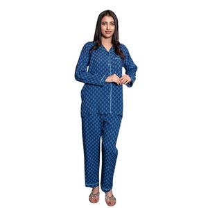 <b>Women</b> Royal Blue Geometric Print Pajama Set Long Sleeve Button Up Shirt Matching <b>Pants</b> Soft Sleepwear <b>Lounge</b> Wear Manufacturer - Product Image 1
