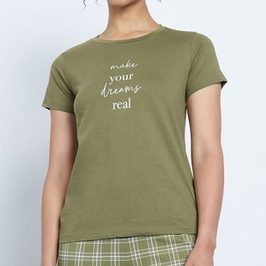 Women Cotton Graphic T Shirt Crew Neck Short Sleeve Olive <b>Green</b> Slogan Tee Lounge <b>Top</b> Apparel Manufacturer - Product Image 6