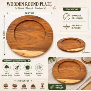 Handcrafted Round Wooden Serving Tray | Decorative <b>Snack</b>, Fruit & Coffee Table Serving Platter 12 Inch - Product Image 5