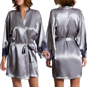 Women Satin Robe Mandarin Collar Solid Color Gray <b>Lace</b> Trim Elegant Sleepwear Shorts Length <b>Elastic</b> Waist Closure 420g - Product Image 4