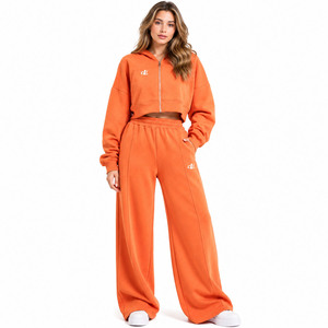 Conjunto Deportivo de Moda para Mujer, Sudadera Corta con Cremallera Naranja, Pantalones Anchos de Felpa, Personalizado, Talla Grande, para Otoño e Invierno - Product Image 1