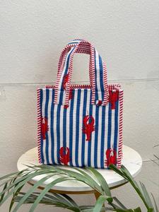 กระเป๋าโท้ทผ้าแคนวาสลายกุ้งก้ามกรามลายทางขนาดใหญ่ สไตล์โบฮีเมียน เป็นมิตรกับสิ่งแวดล้อม สำหรับผู้หญิง กระเป๋าถือแบบควิลท์ กระเป๋าช้อปปิ้ง กระเป๋าสะพายไหล่ชายหาด - Product Image 1