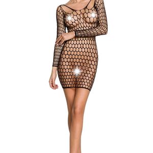 Women's Black Mesh Fishnet Bodysuit Long Sleeve See Through Sexy Lingerie Dress - Product Image 1