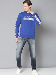 Sudadera Azul para Hombre, Cuello Redondo, Corte Regular, Logotipo Estampado, Informal, Tejido de Punto, 100% Algodón, Otoño - Product Image 1