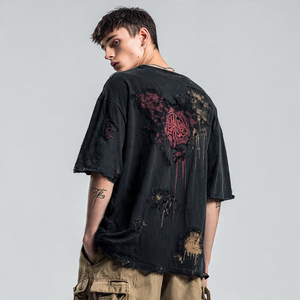 เสื้อยืดดีไซน์พิเศษ แต่งขอบดิบ สไตล์วินเทจ สตรีทแวร์ ตัดต่อผ้าแบบพิเศษ ระบายอากาศได้ดี ผ้าฝ้ายเนื้อหนา ใส่ได้ทั้งชายและหญิง ทรงโอเวอร์ไซส์ สำหรับฤดูร้อน - Product Image 3
