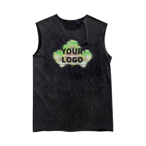 Camiseta sin mangas para hombre con lavado ácido, estilo vintage negro, oversize, con estampado de logo personalizado, marca de ropa urbana. - Product Image 1