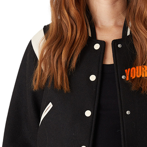 Low MOQ Custom <b>Women's</b> Varsity Jacket <b>Black</b> With Embroidered Front Logo Whole <b>Wool</b> Body Full Sleeve Regular Fit Autumn Wear - Product Image 5