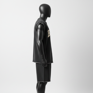 Conjunto de Pantalones Cortos sin Mangas de Felpa de Algodón Premium 100% para Hombre, Color Carbón, Bajo sin Rematar, Ropa Deportiva, Logotipo Personalizado con Impresión Puff - Product Image 3