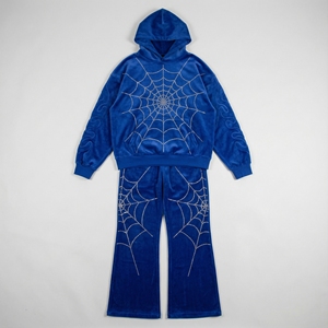 Ensemble de survêtement en velours pour homme avec sweat à capuche et pantalon, motif toile d'araignée en strass, tissu doux, tenue streetwear élégante - Product Image 1