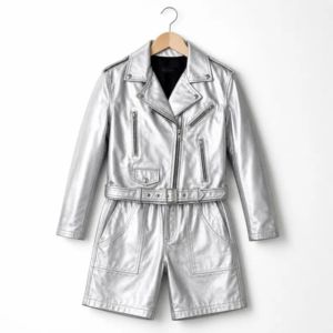 Custom Men's Metallic Silver PU <b>Leather</b> <b>Jacket</b> & Shorts Set – Fashion Streetwear Outfit - Product Image 6