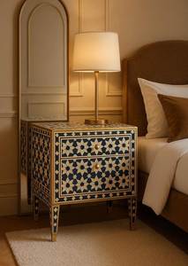 Elegante Mesita de Noche con Cajón Lateral y Incrustaciones de Hueso, Mueble de Lujo Hecho a Mano con Patrones Decorativos para Dormitorio, Almacenamiento Decorativo para el Hogar - Product Image 6