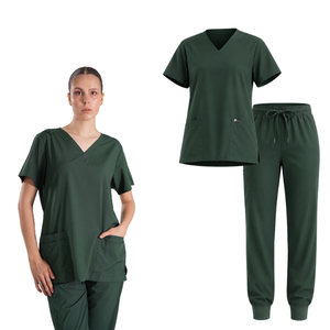 Women's Green Scrub Set V-Neck <b>Top</b> With Pockets And Jogger Pants Hospital Uniforms Woven Fabric Cotton Polyester - Product Image 1