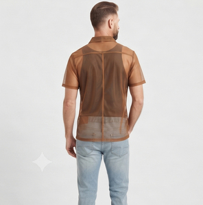 Chemise transparente à manches courtes pour homme, col rabattu, 100 % polyester, boutonnée, idéale pour les soirées en boîte de nuit - Product Image 3