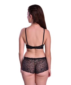 Conjunto de lencería de encaje floral negro con sujetador inalámbrico y braga tipo boyshort para mujer, estilo francés de copa completa y tiro medio. - Product Image 2