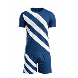 Ensemble de maillot et short de football personnalisé pour homme, bleu marine et blanc, à rayures, manches courtes, col rond, en polyester anti-humidité, uniforme d'équipe - Product Image 1