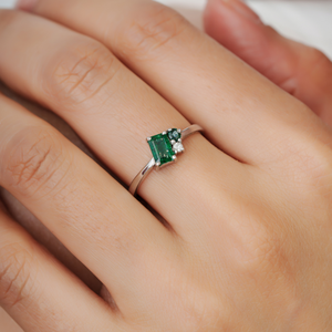 Wholesale 925 Sterling <b>Silver</b> Natural Baguette <b>Emerald</b> & Round Diamond Asymmetrical Cluster Fine <b>Ring</b> Jewelry - Product Image 2